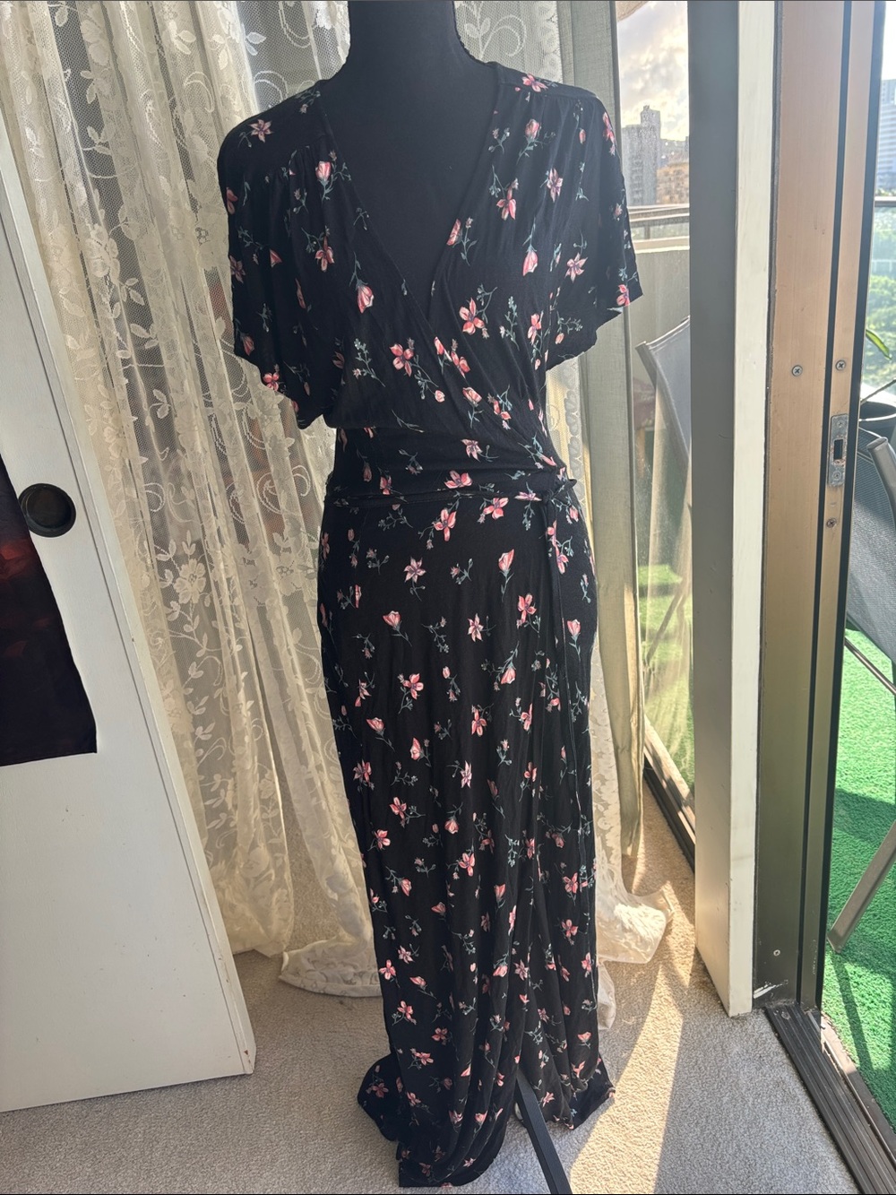 American Rag Black Maxi Dress with Pink Floral Print